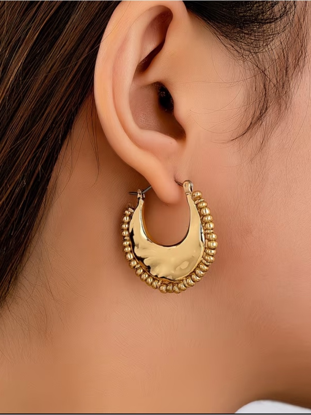 Gold Beaded Crescent Hoop Earrings - Women Jewelry